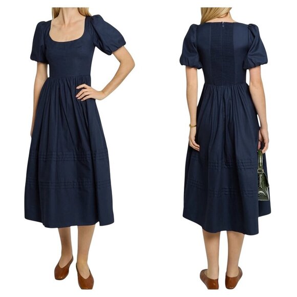 O.P.T. Aurelie Navy Cotton Midi Dress NWT Size 10 Smocked Back Puff Sleeve